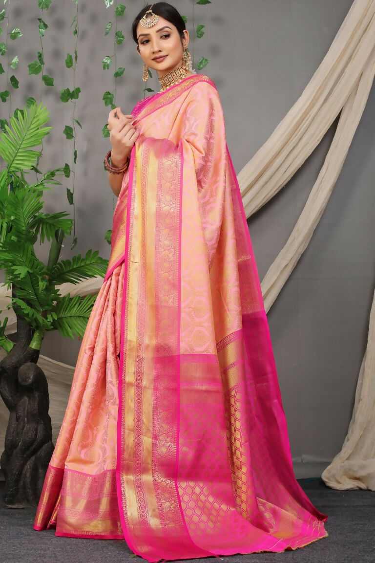 Jyoti Fashion Women's Peach Kanjivaram Silk Zari Woven Saree with Blouse | Swadesiicart