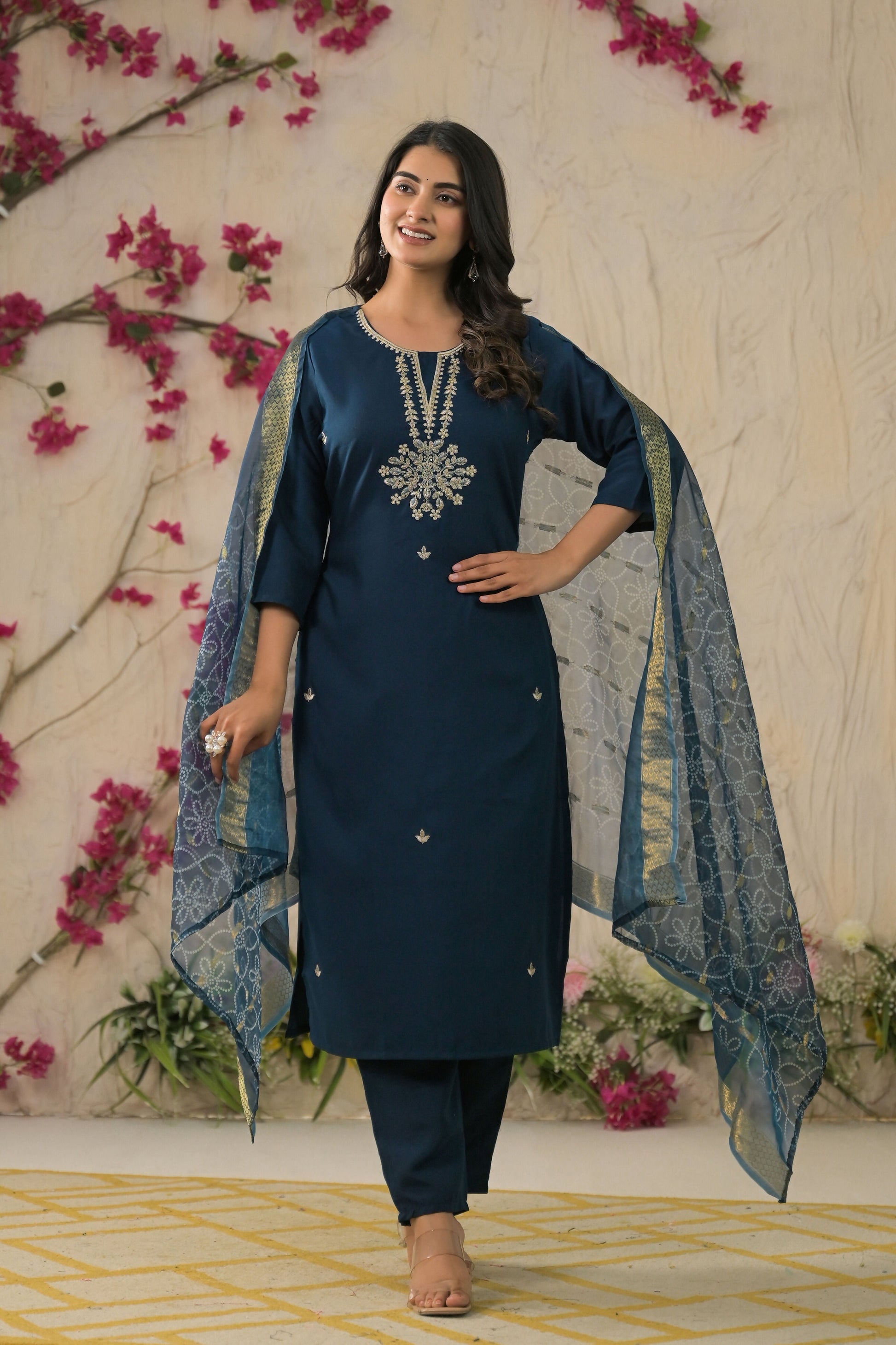 Ethnic Festive Wear Reyon Petrol Stitched Suit With Dupatta - Tanisha | Swadesiicart