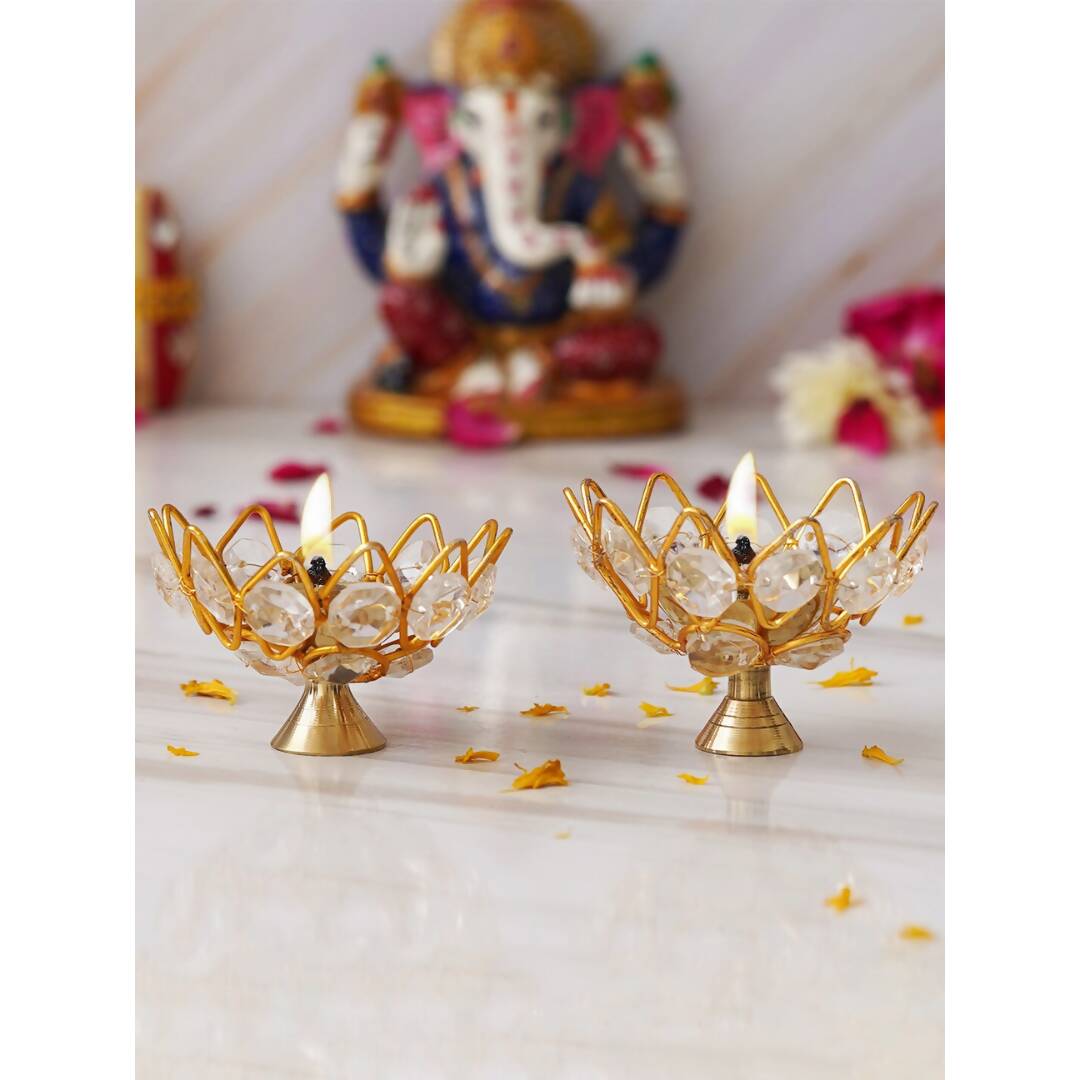 eCraftIndia Gold-Toned 2 Pieces Crystal Lotus Shape Brass Diyas | Swadesiicart