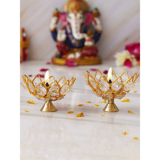 eCraftIndia Gold-Toned 2 Pieces Crystal Lotus Shape Brass Diyas | Swadesiicart