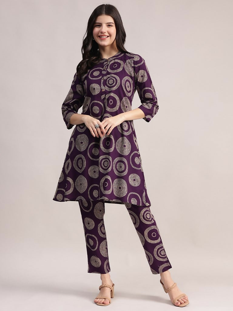 Aavyora Women's Purple Abstract Printed Pure Cotton Co-ord Set - Swadesiicart