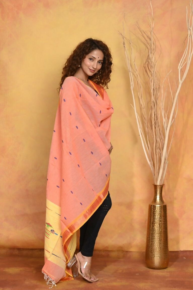 Very Much Indian Handloom Pure Cotton Paithani Dupatta Orange | Swadesiicart