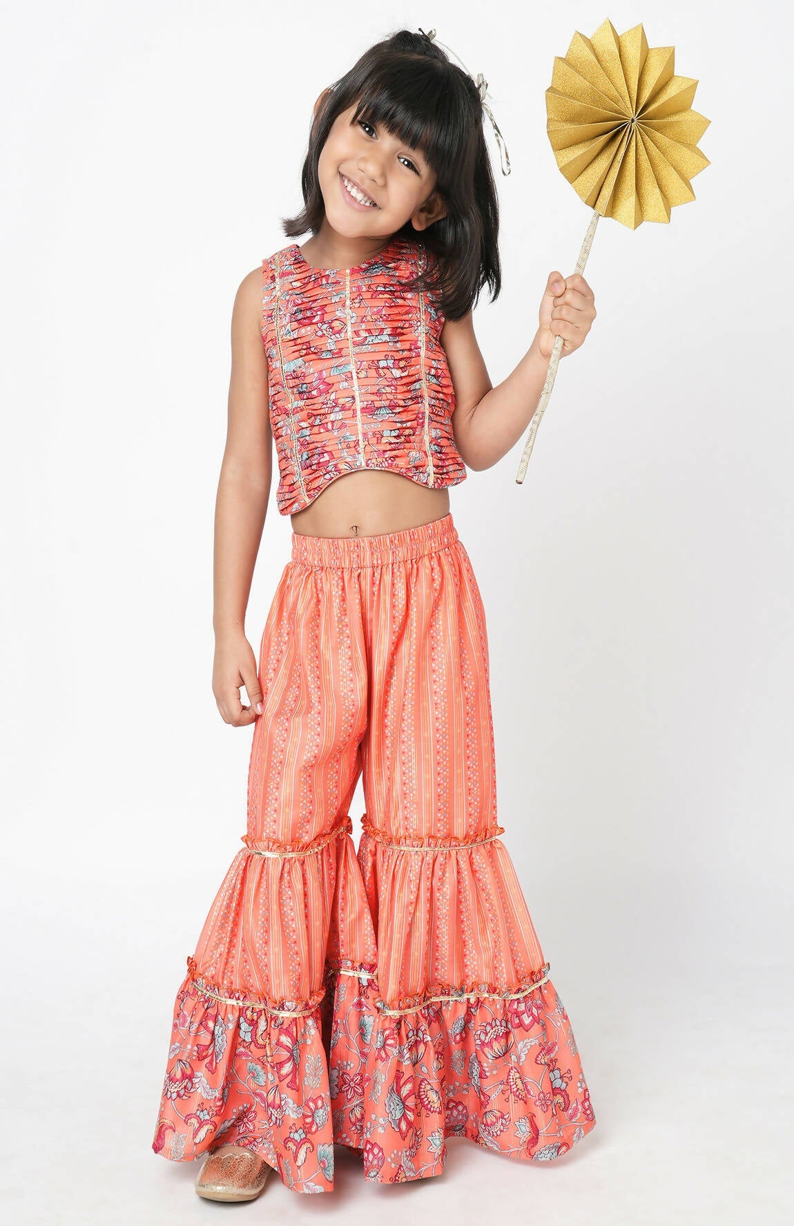 Lil Drama Golden Weaves Orange Crop Top With Palazzo Co-Ordinate Set - Swadesiicart
