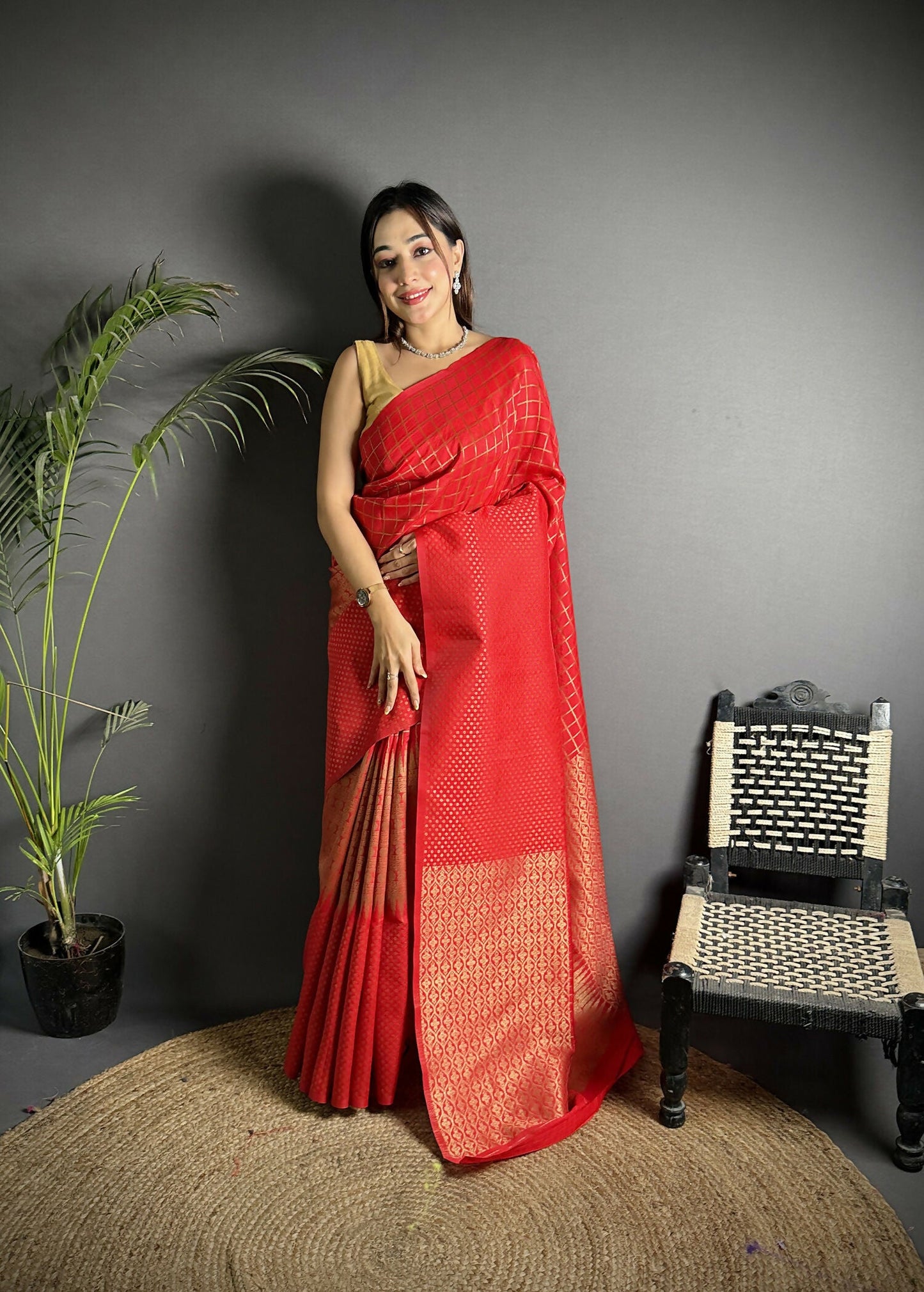 Joban Fashion Red Banarasi Soft Lichi Silk Checks & Woven Saree | Swadesiicart