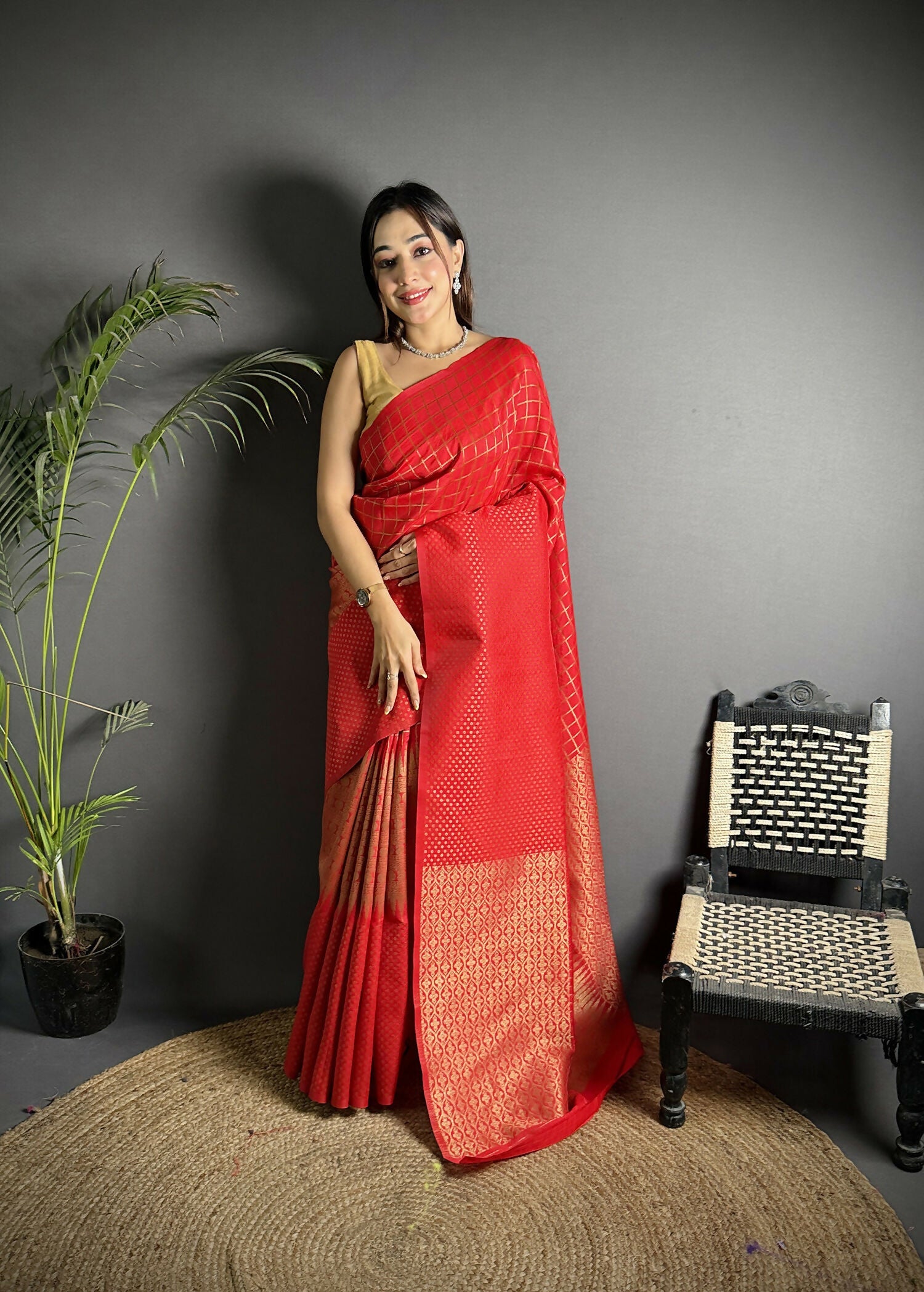 Joban Fashion Red Banarasi Soft Lichi Silk Checks & Woven Saree | Swadesiicart