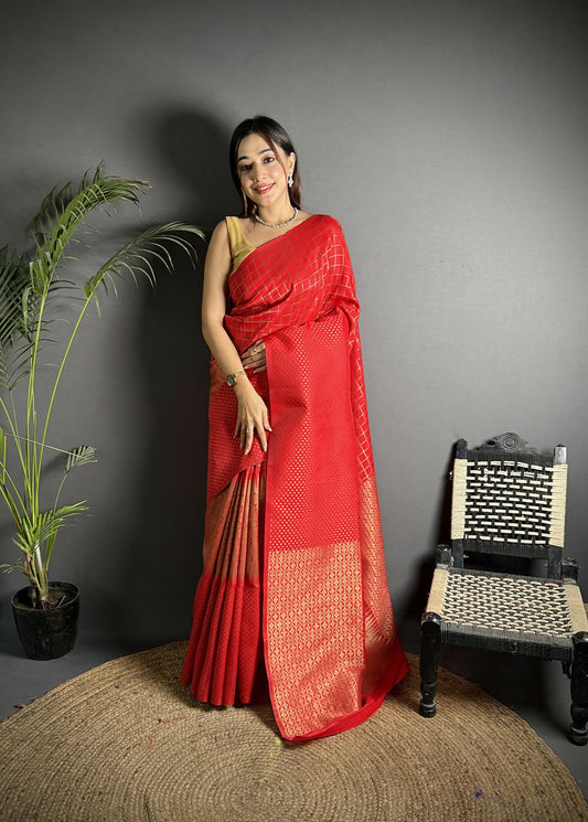 Joban Fashion Red Banarasi Soft Lichi Silk Checks & Woven Saree | Swadesiicart