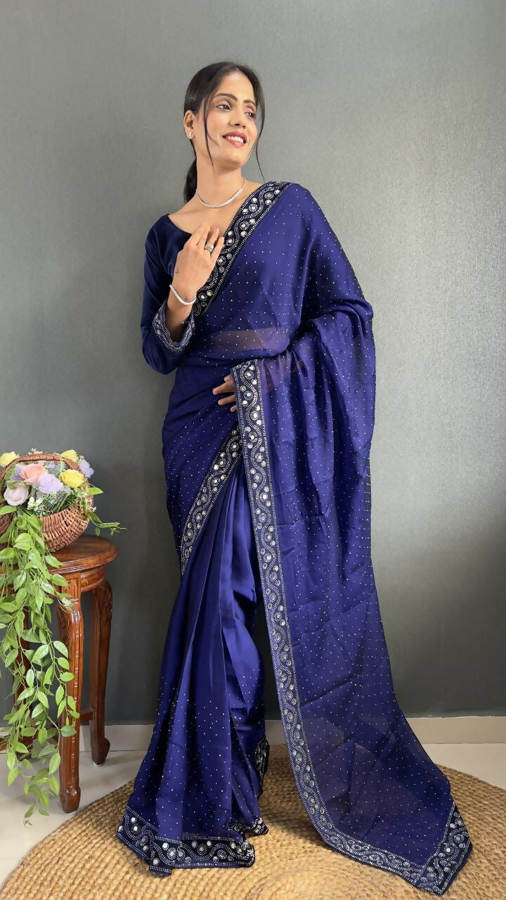 Vastranavya Blue Rangoli Silk Real Mirror work with Swarovski work Ready to Wear Saree | Swadesiicart
