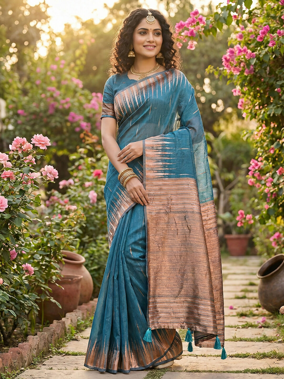 Shree Shyam Fashion Blue Linen Cotton Saree