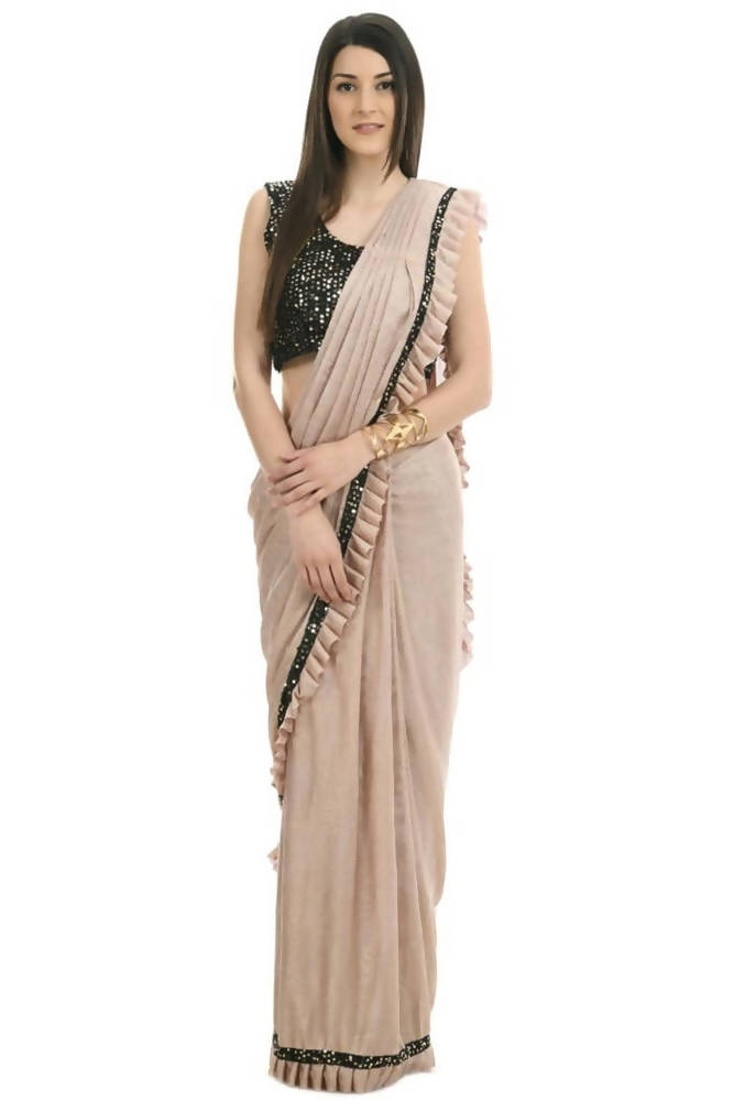 Mominos Fashion All Season Wear Beige And Black Colour Ruffled Ready To Wear Saree - Swadesiicart
