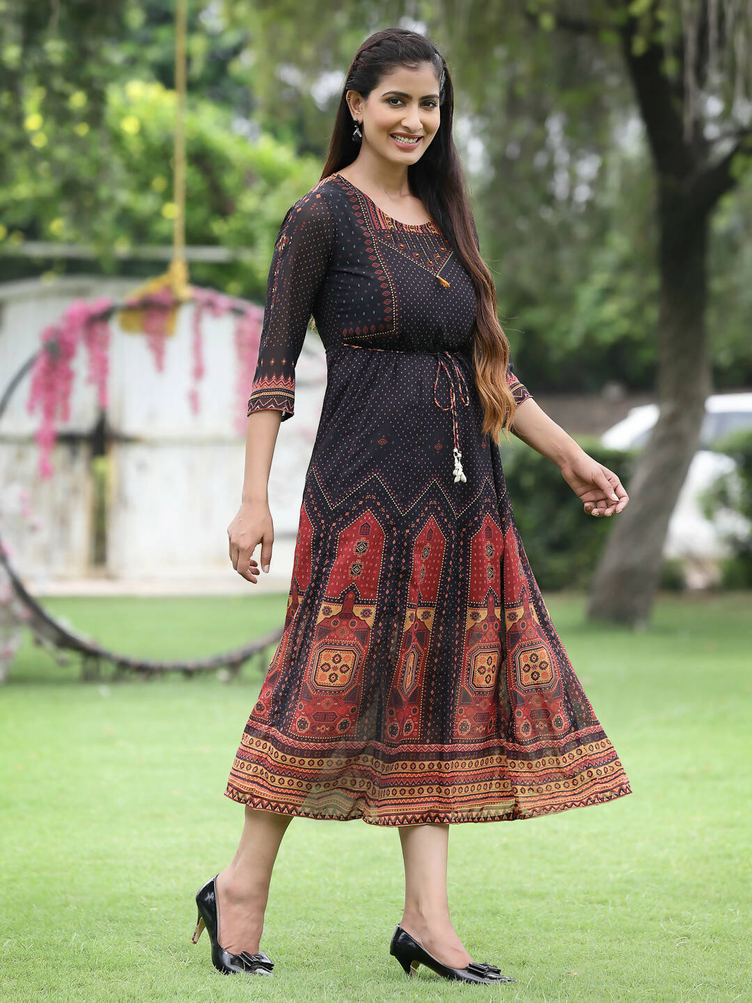 Juniper Black Georgette Festive Printed A-Line Dress For Women | Swadesiicart