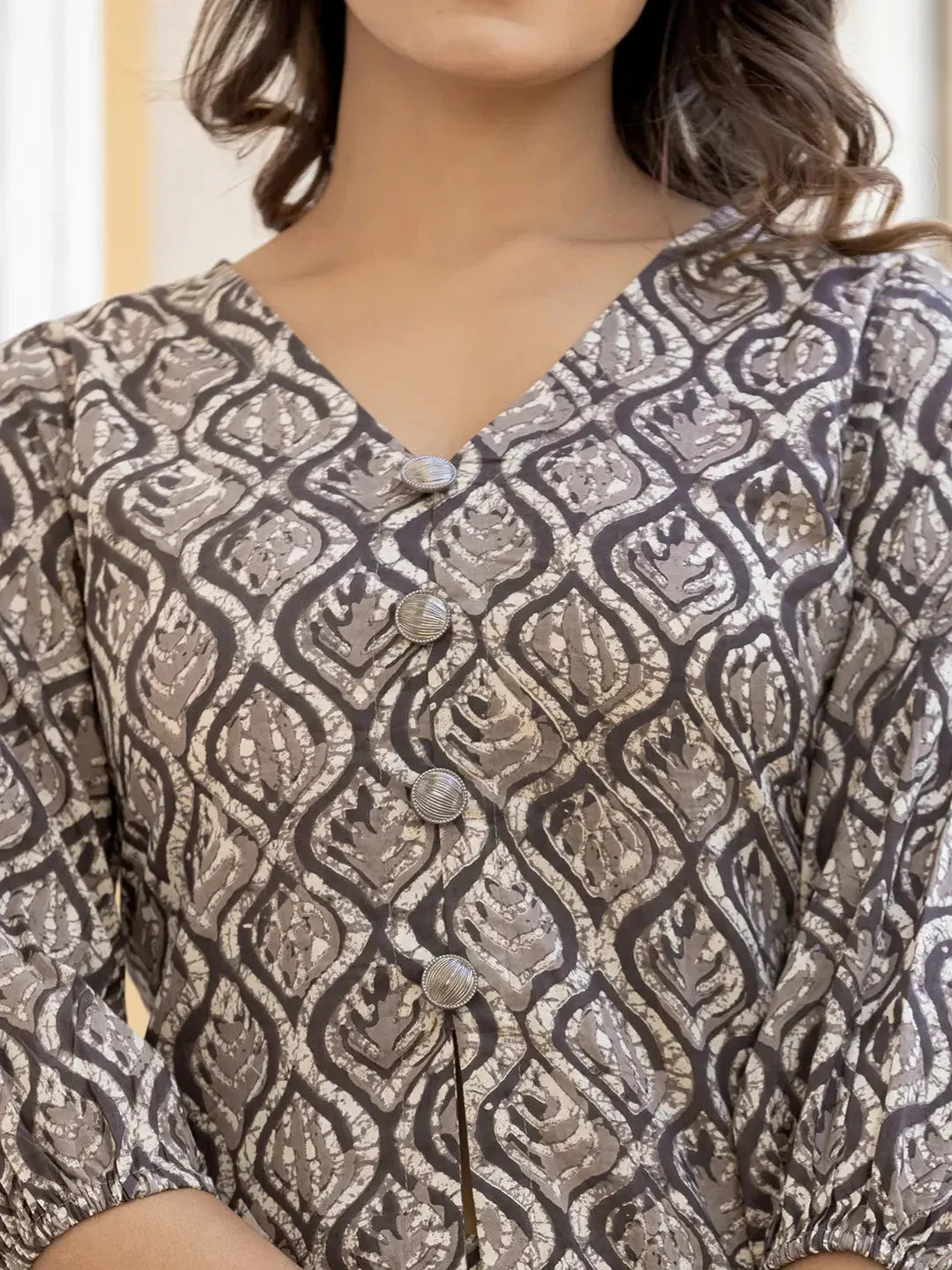 Yufta Ethnic Motifs Print Grey Cotton A-Line Co-Ord Set - Swadesiicart