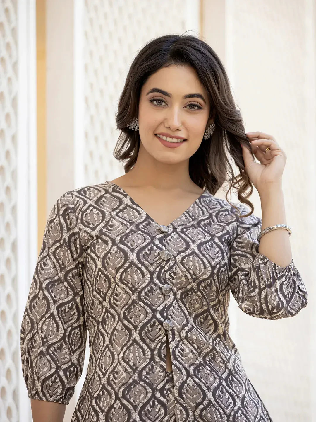 Yufta Ethnic Motifs Print Grey Cotton A-Line Co-Ord Set - Swadesiicart