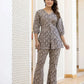 Yufta Ethnic Motifs Print Grey Cotton A-Line Co-Ord Set - Swadesiicart
