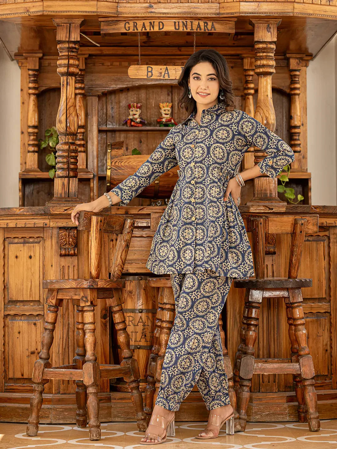 Yufta Ethnic Motifs Print Navy Blue Cotton Co-Ord Set - Swadesiicart