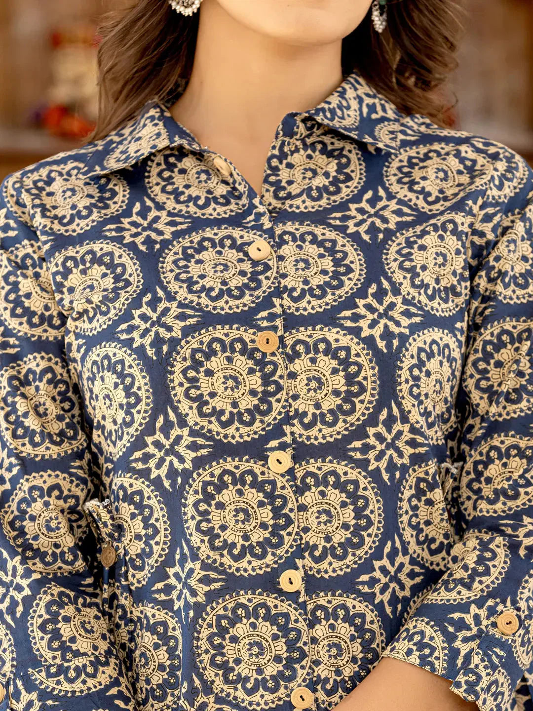 Yufta Ethnic Motifs Print Navy Blue Cotton Co-Ord Set - Swadesiicart