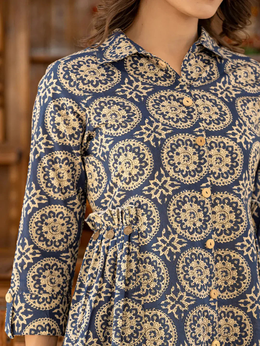 Yufta Ethnic Motifs Print Navy Blue Cotton Co-Ord Set - Swadesiicart