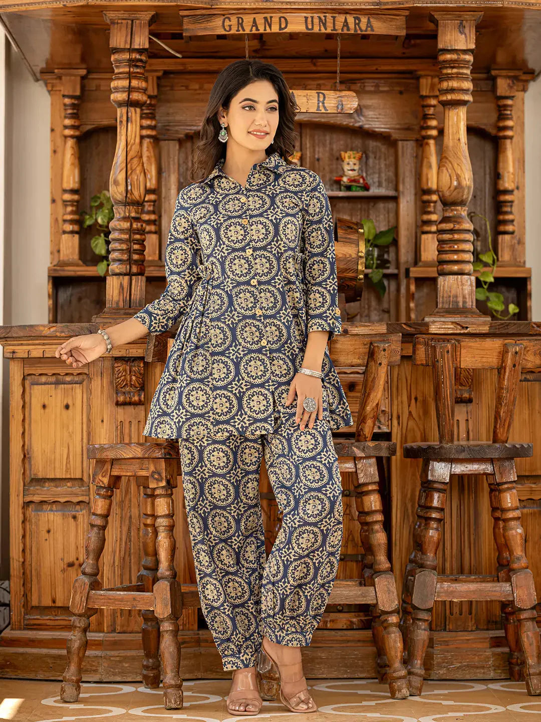 Yufta Ethnic Motifs Print Navy Blue Cotton Co-Ord Set - Swadesiicart