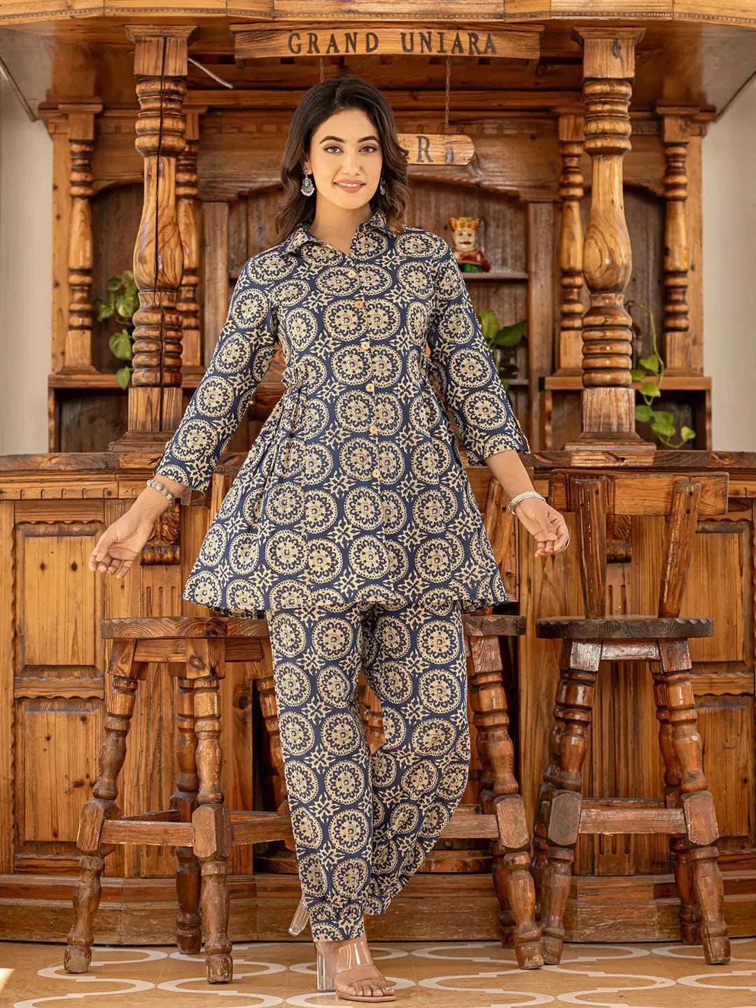 Yufta Ethnic Motifs Print Navy Blue Cotton Co-Ord Set - Swadesiicart