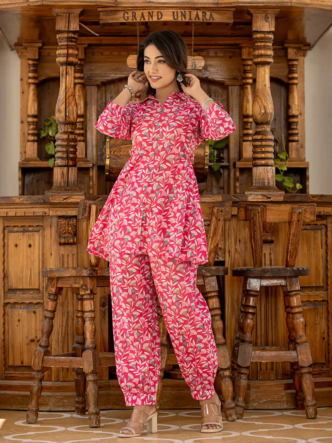 Yufta Ethnic Motifs Print Pink Cotton Co-Ord Set - Swadesiicart
