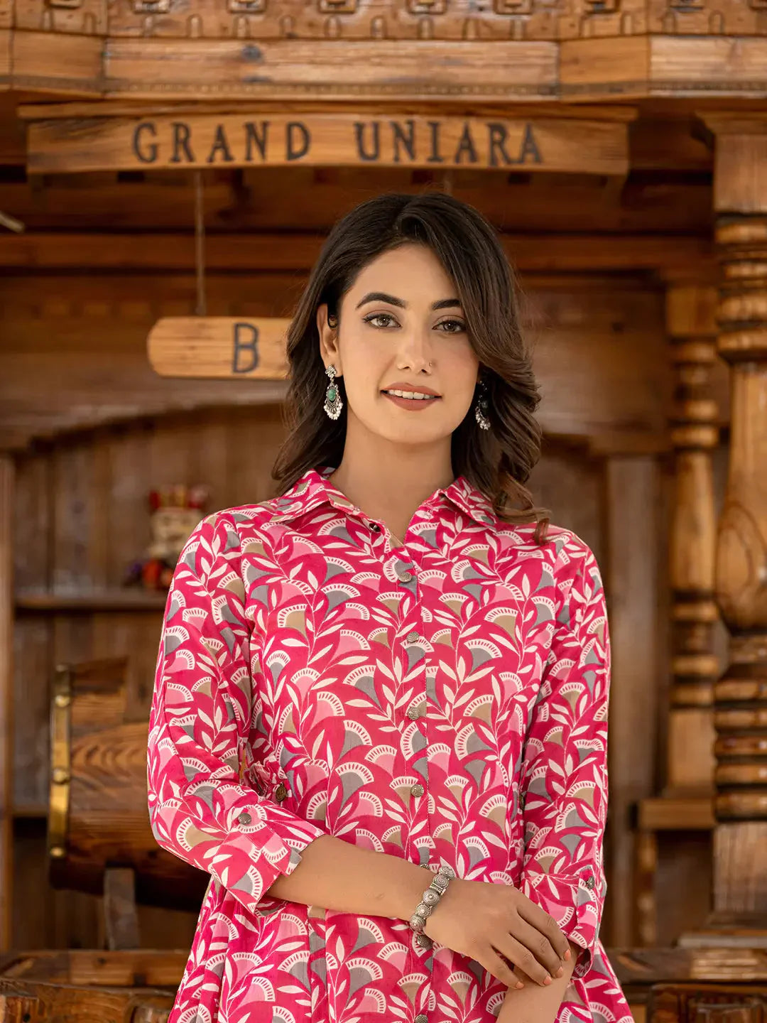 Yufta Ethnic Motifs Print Pink Cotton Co-Ord Set - Swadesiicart