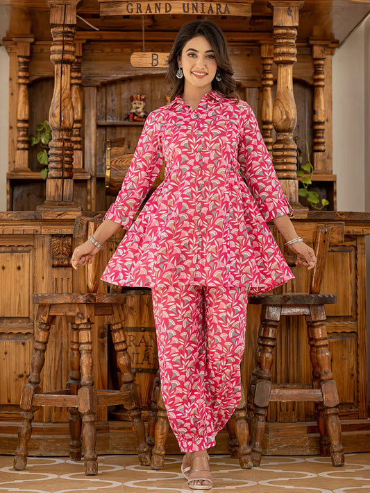 Yufta Ethnic Motifs Print Pink Cotton Co-Ord Set - Swadesiicart