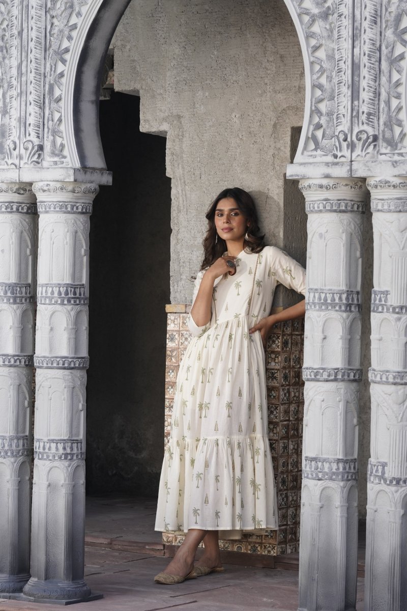 Ahalyaa Tropical Printed Gathered Empire Ethnic Dress | Swadesiicart