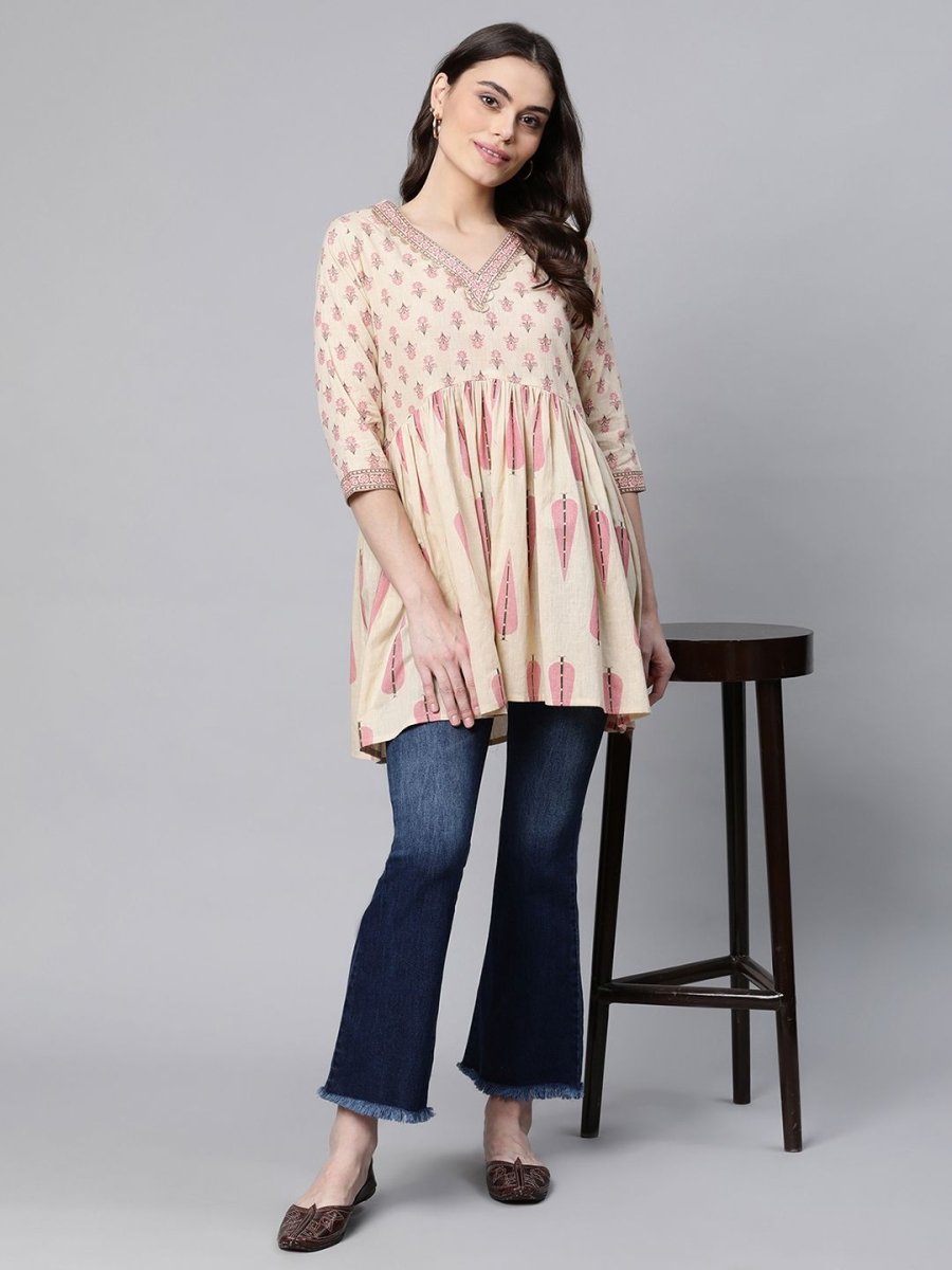 Ahalyaa Women Beige Pure Cotton Printed Tunic | Swadesiicart