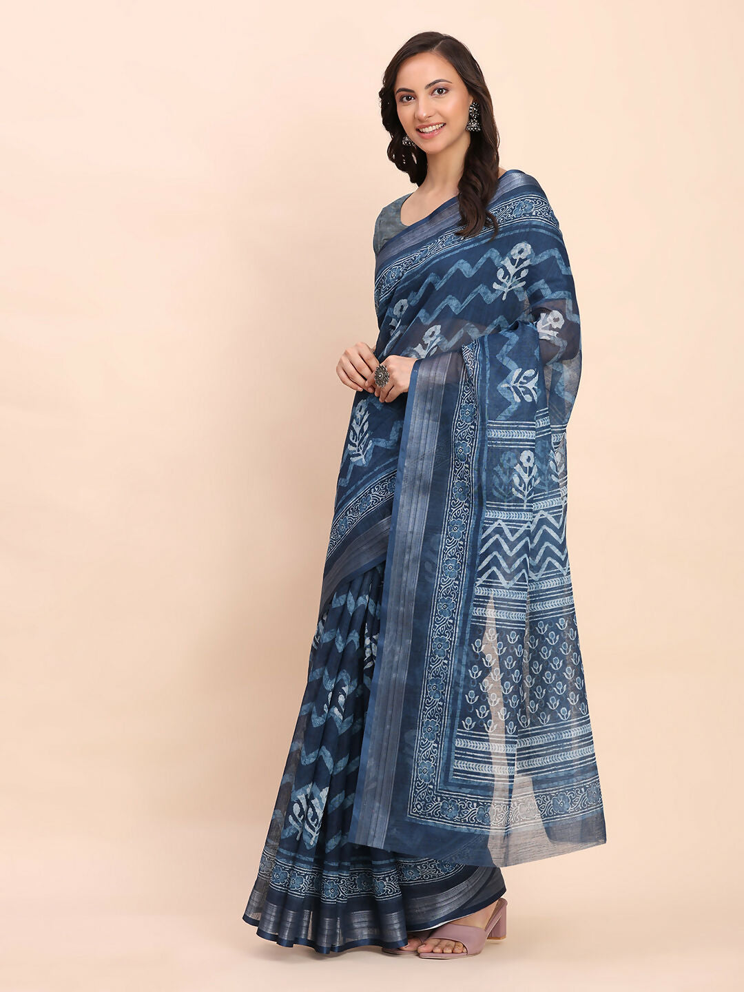 Shree Shyam Fashion Linen Cotton Indigo Blue Saree