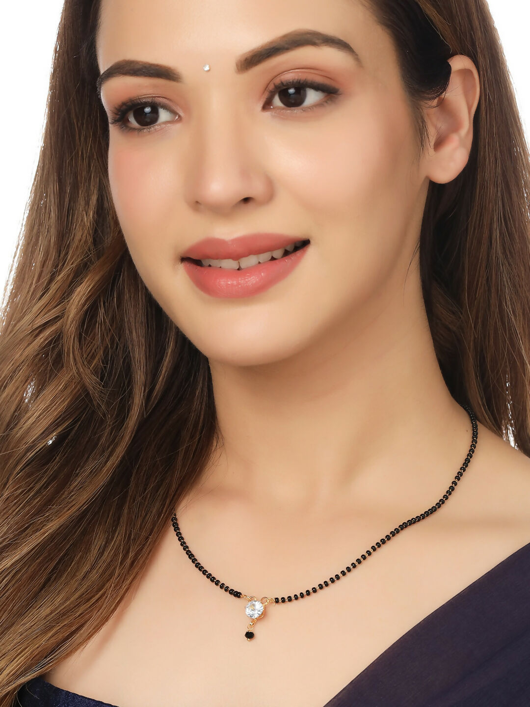 NVR Women's Set of 3 Gold-Polished CZ Stone-Studded & Beaded Mangalsutra | Swadesiicart