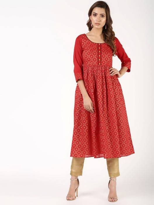 Aniyah Cotton Block Print Flared Kurta In Red (AN-151K) - Swadesiicart