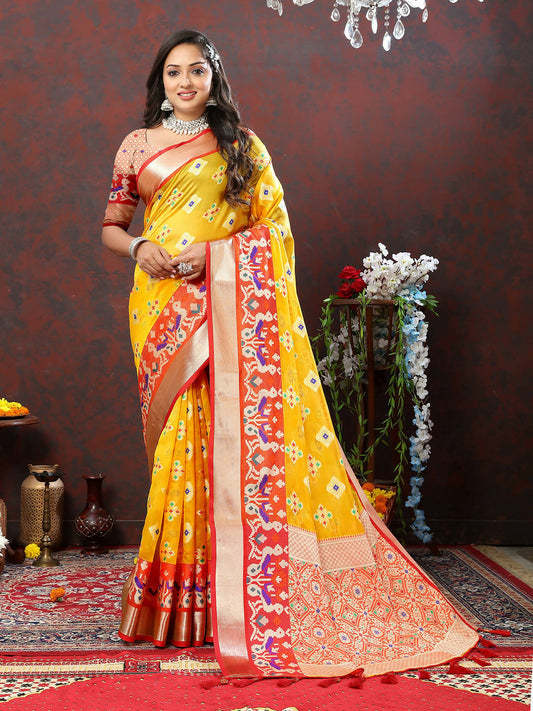 Lorenvalley Fashion Yellow Organza Silk Woven Design with Meenakari Weaving Saree - Swadesiicart
