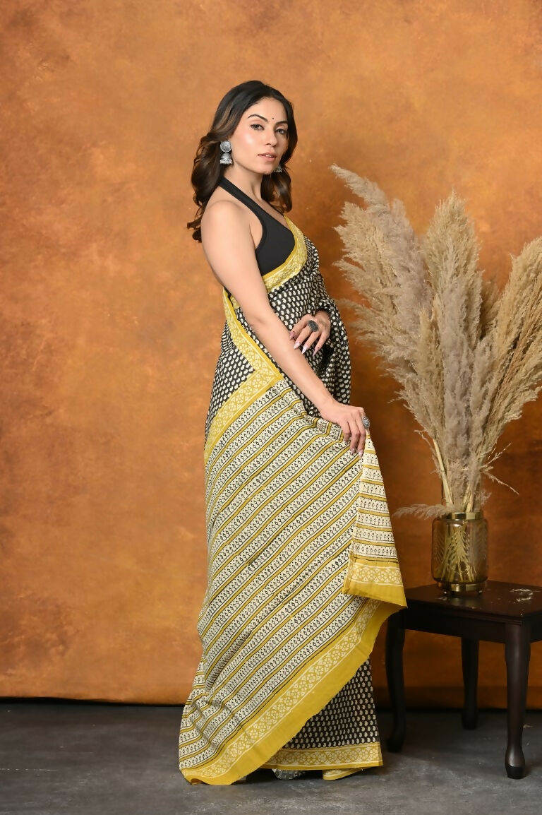 Very Much Indian Handblock Printed Cotton Saree With Natural Dyes - Black & White | Swadesiicart