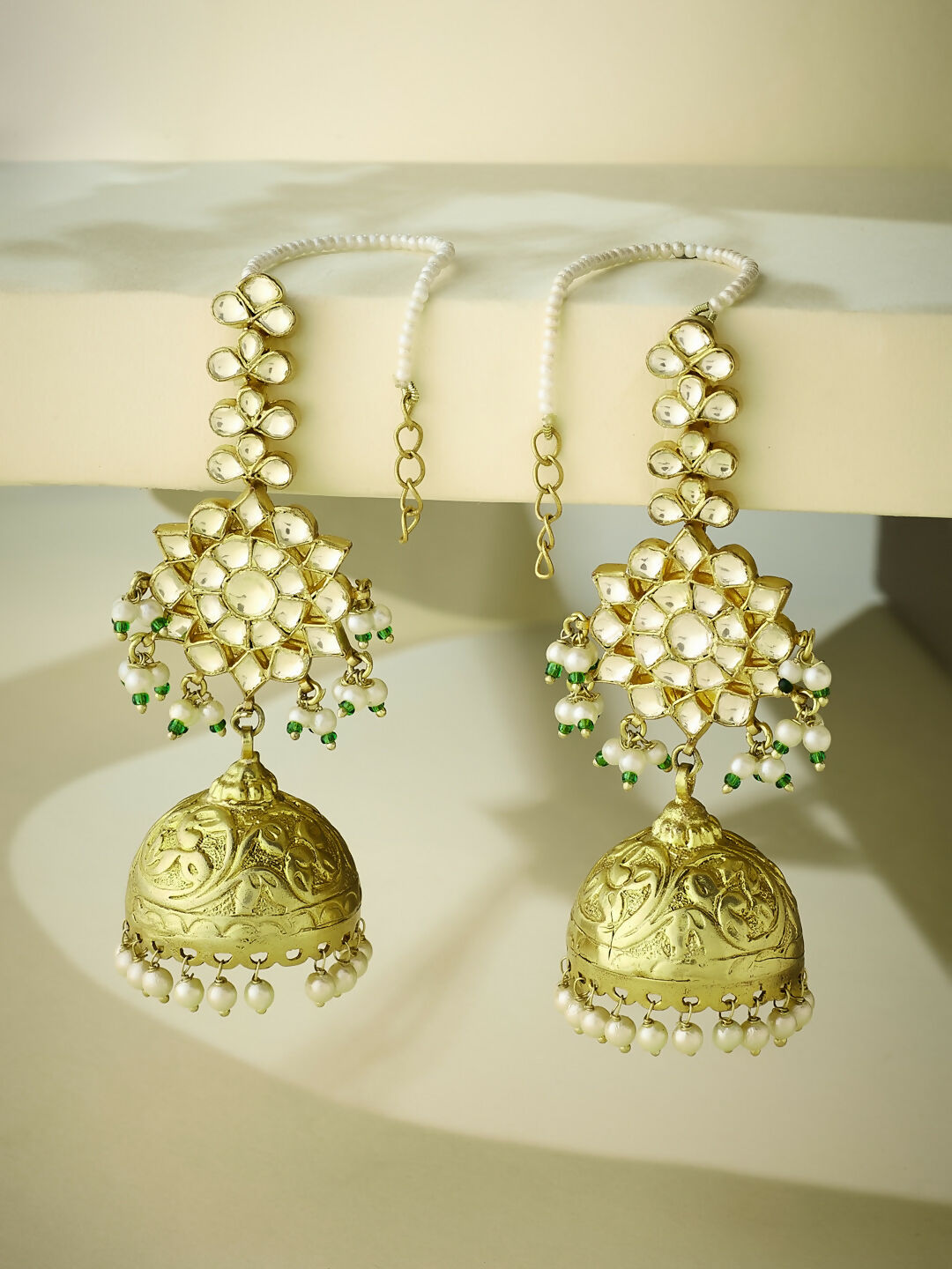 Nuyug 22K Gold-Plated Floral Jhumki Kundan Studded Kanauti Earrings | Swadesiicart