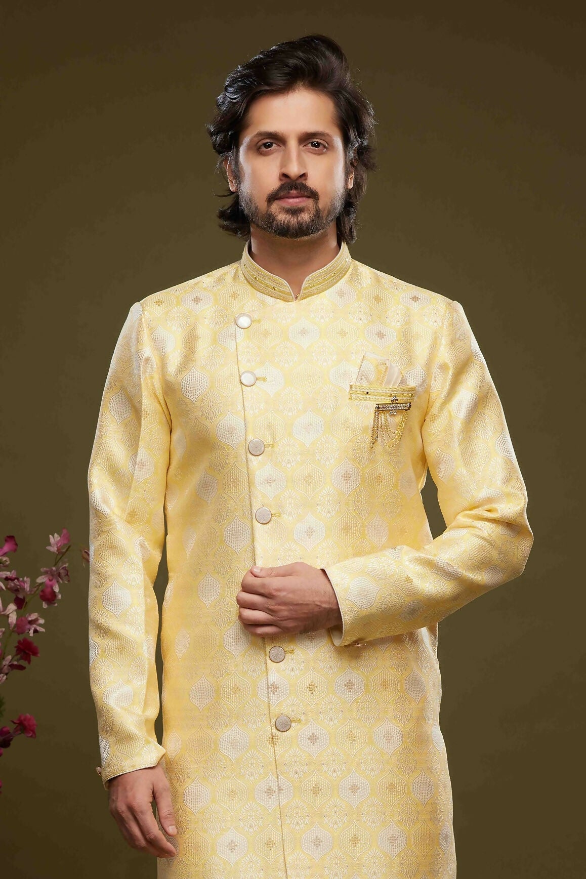 Raivat Ethnic Banarasi Jacquard Embroidery Semi Indo Western Sherwani In Yellow Colour | Swadesiicart