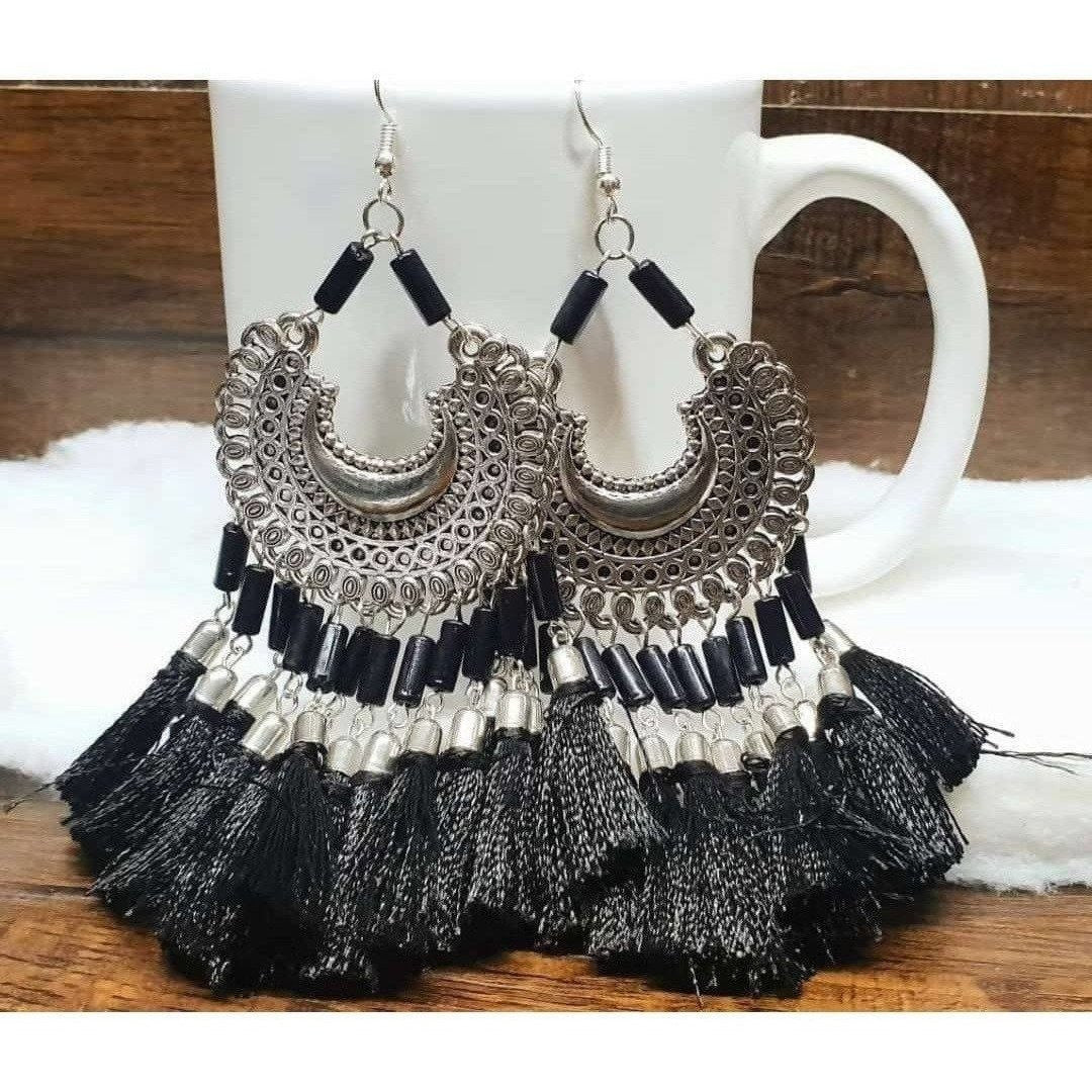 MS Fashion India Black Color Threads Oxidized Silver Afghani Chandbali Earrings | Swadesiicart