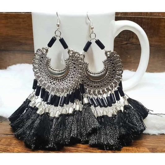 MS Fashion India Black Color Threads Oxidized Silver Afghani Chandbali Earrings | Swadesiicart