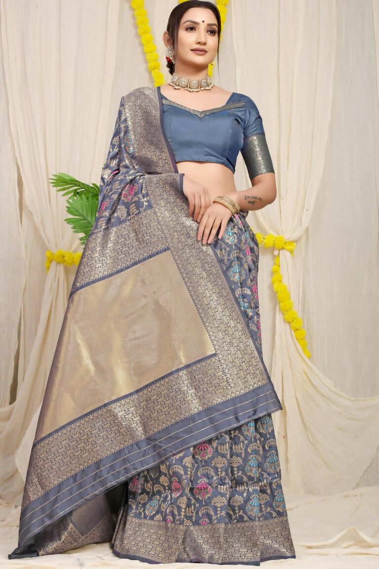 Jyoti Fashion Women's Grey Kanjivaram Silk Zari Woven Saree with Blouse | Swadesiicart
