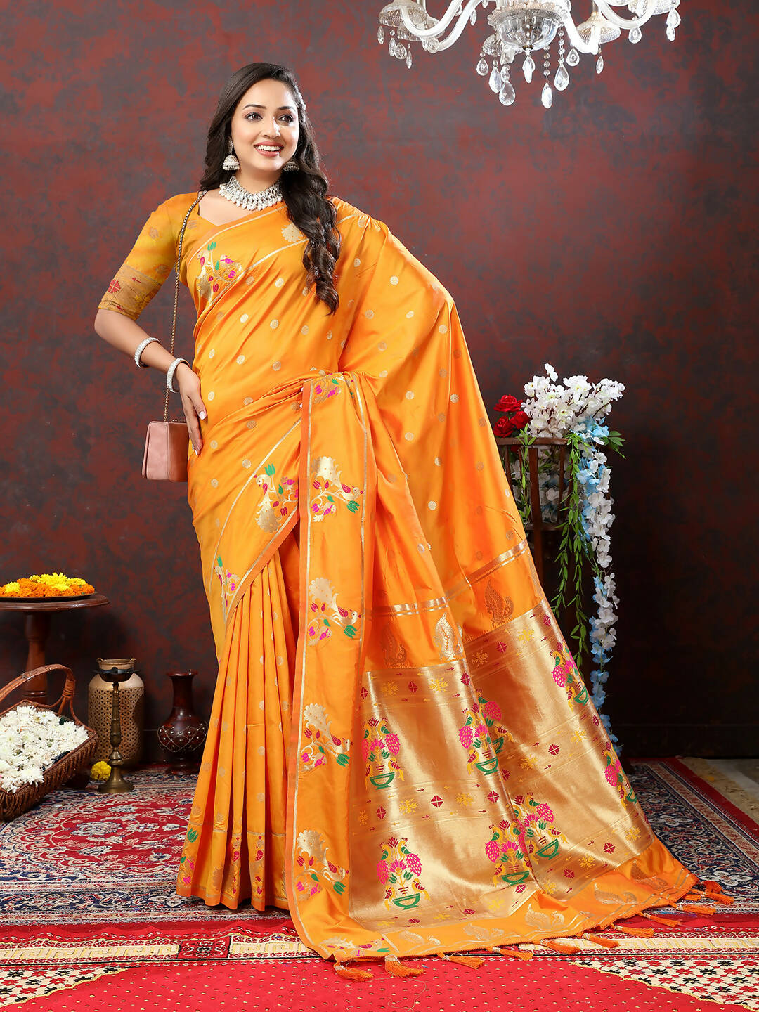 Lorenvalley Fashion Orange Soft Paithani Silk Woven Design Gold Zari Meenakari Weaving Saree - Swadesiicart