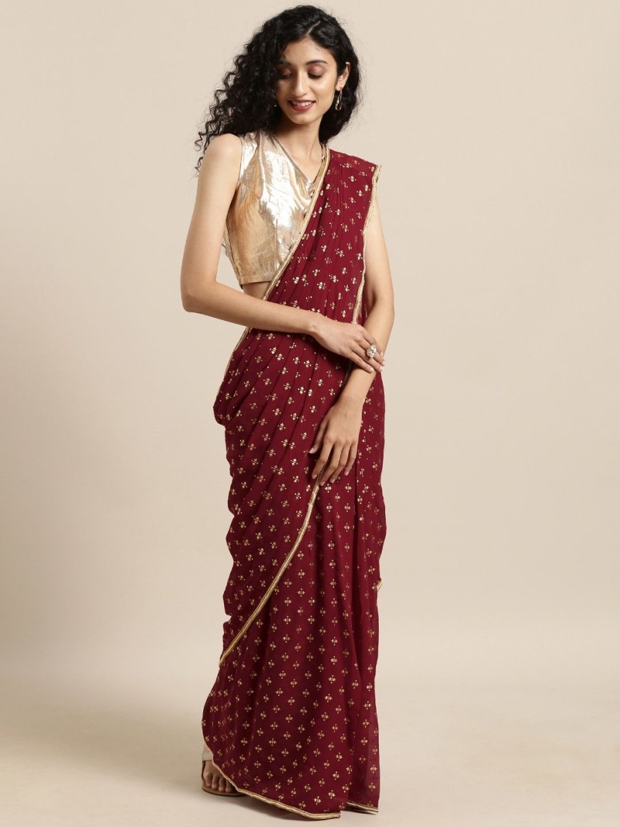 Ahalyaa Women's Maroon Georgette Gold Foil Print Ready to Wear Saree | Swadesiicart