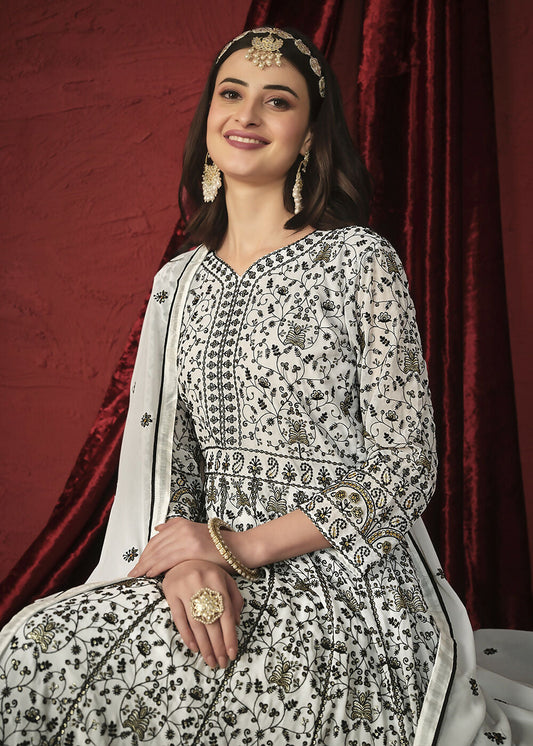 Stunning White Front & Back Embroidered Trendy Anarkali Suit - Emponline | Swadesiicart