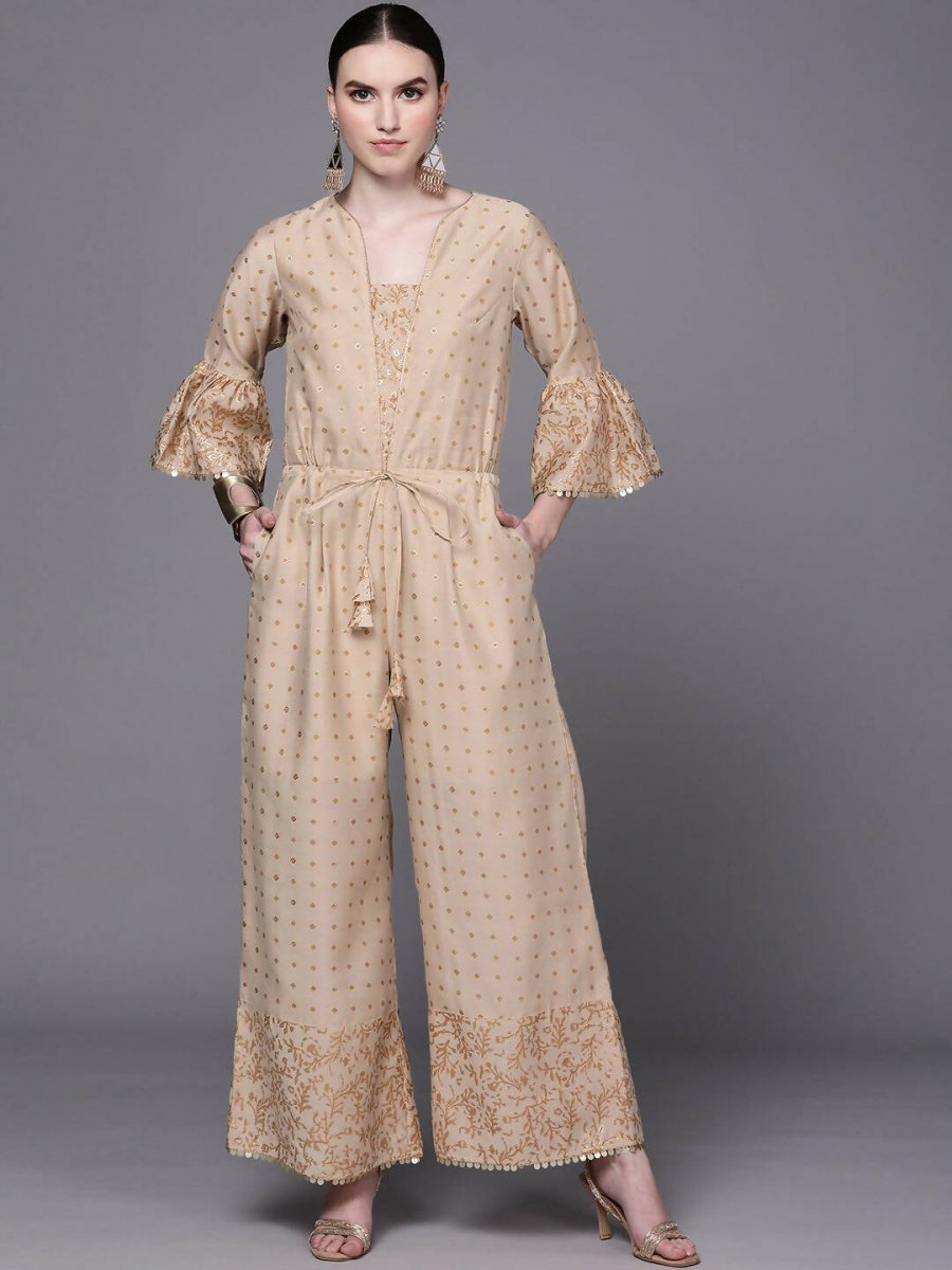 Ahalyaa Beige & Golden Printed Basic Jumpsuit - Swadesiicart