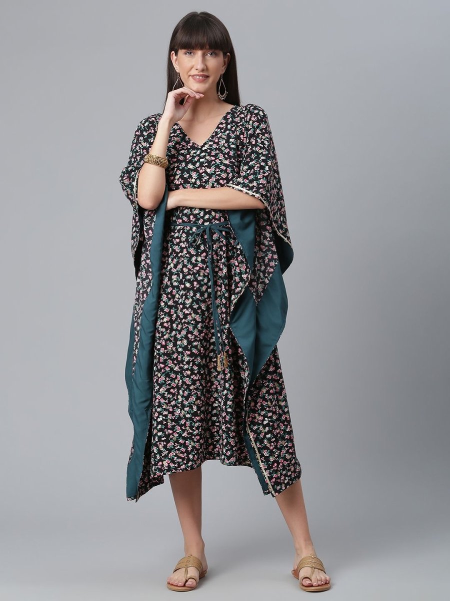 Ahalyaa Crepe Black Digital & Foil Floral Printed Kaftan | Swadesiicart