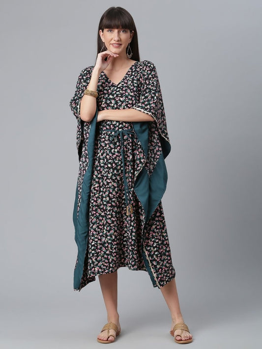 Ahalyaa Crepe Black Digital & Foil Floral Printed Kaftan | Swadesiicart