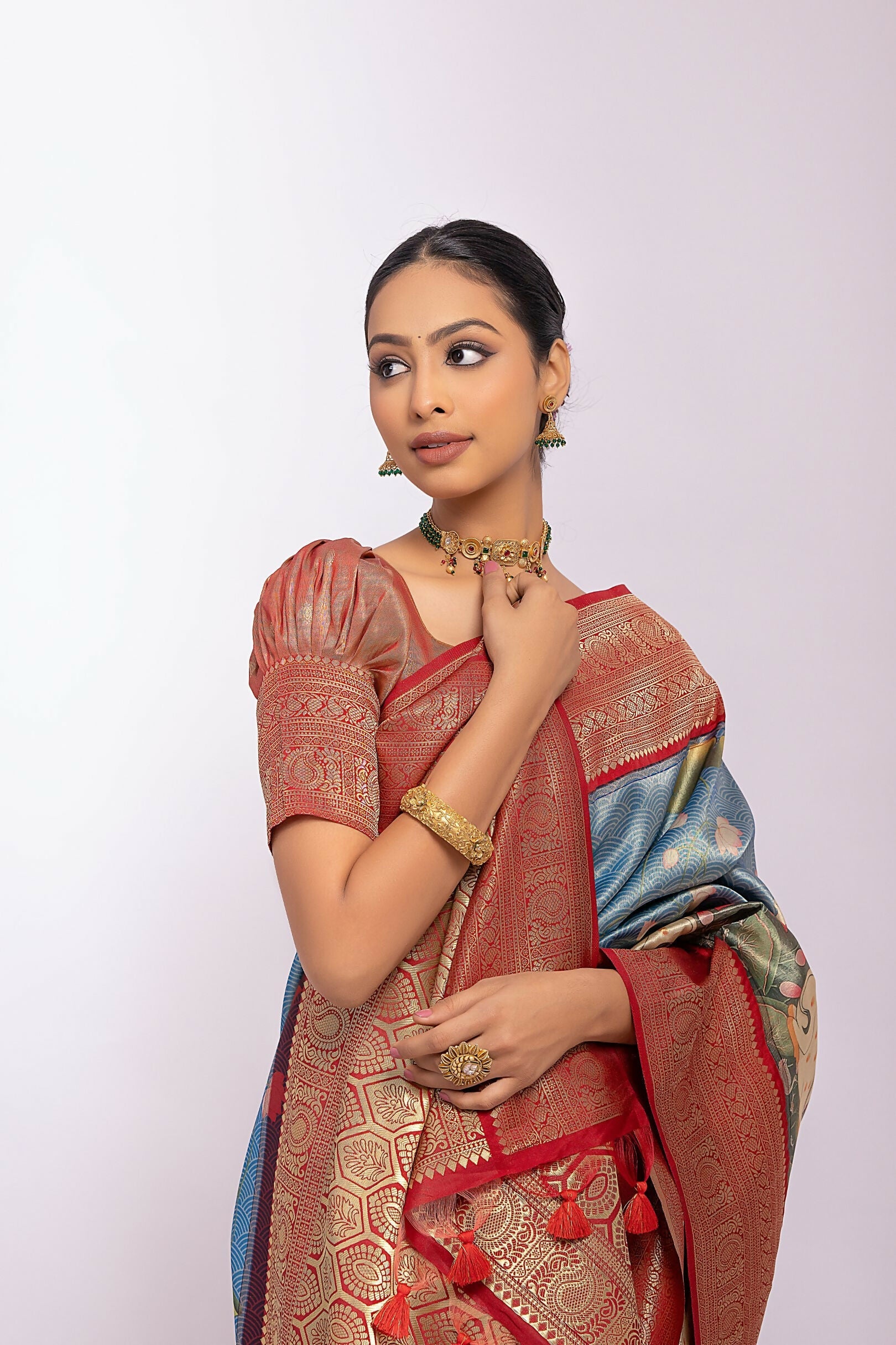Vishnu Weaves Women's Firozi Tissue Silk Zari Woven Saree with Blouse - Swadesiicart