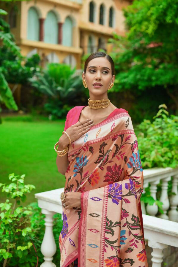 Vishnu Weaves Women's Gajri Paithani Silk Zari Woven Saree with Unstitched Blouse - Swadesiicart