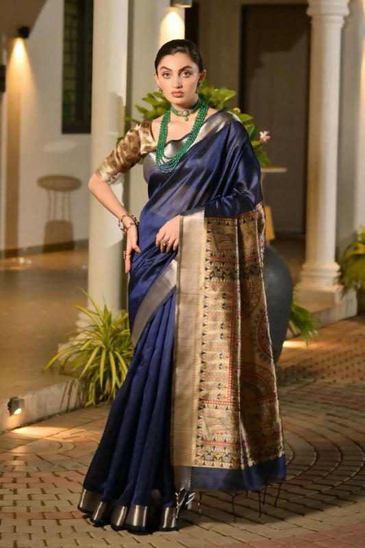 Vishnu Weaves Women's Blue Soft Tussar Silk Printed Saree with Blouse - Swadesiicart