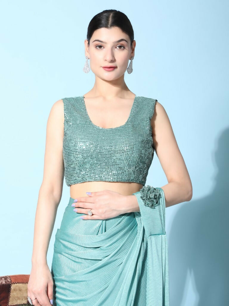 Sea Green Imported Crush Lycra Texture Pattern Ready to Wear Saree with stitched Blouse - Nirvana | Swadesiicart