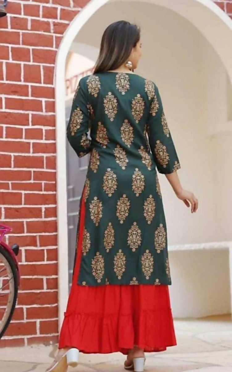Alvano Printed Kurta With Sharara Set for Women's and Girls Rayon (Green)