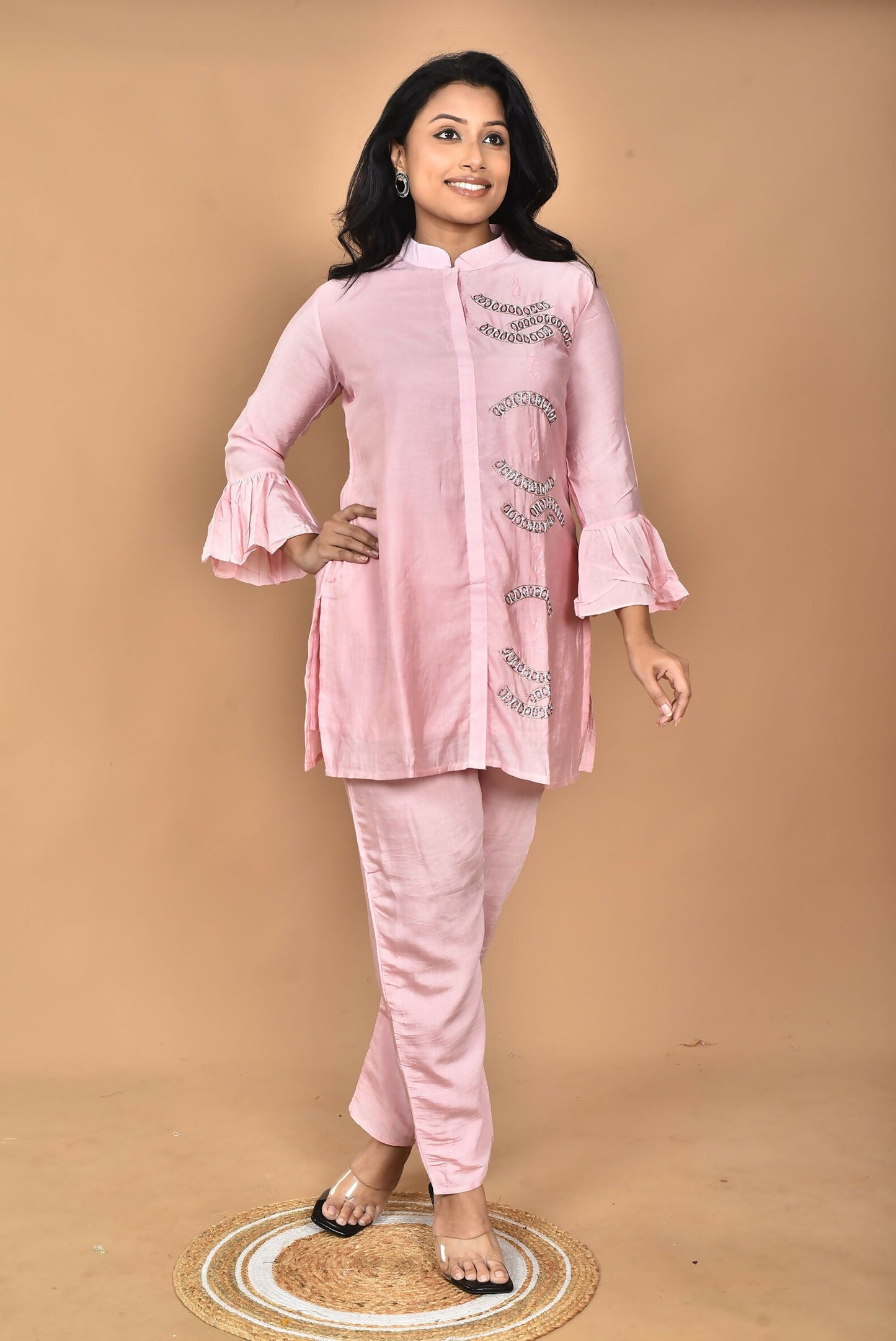 Morchari Women Hand Embroidery Co-Ords-Pink - Swadesiicart