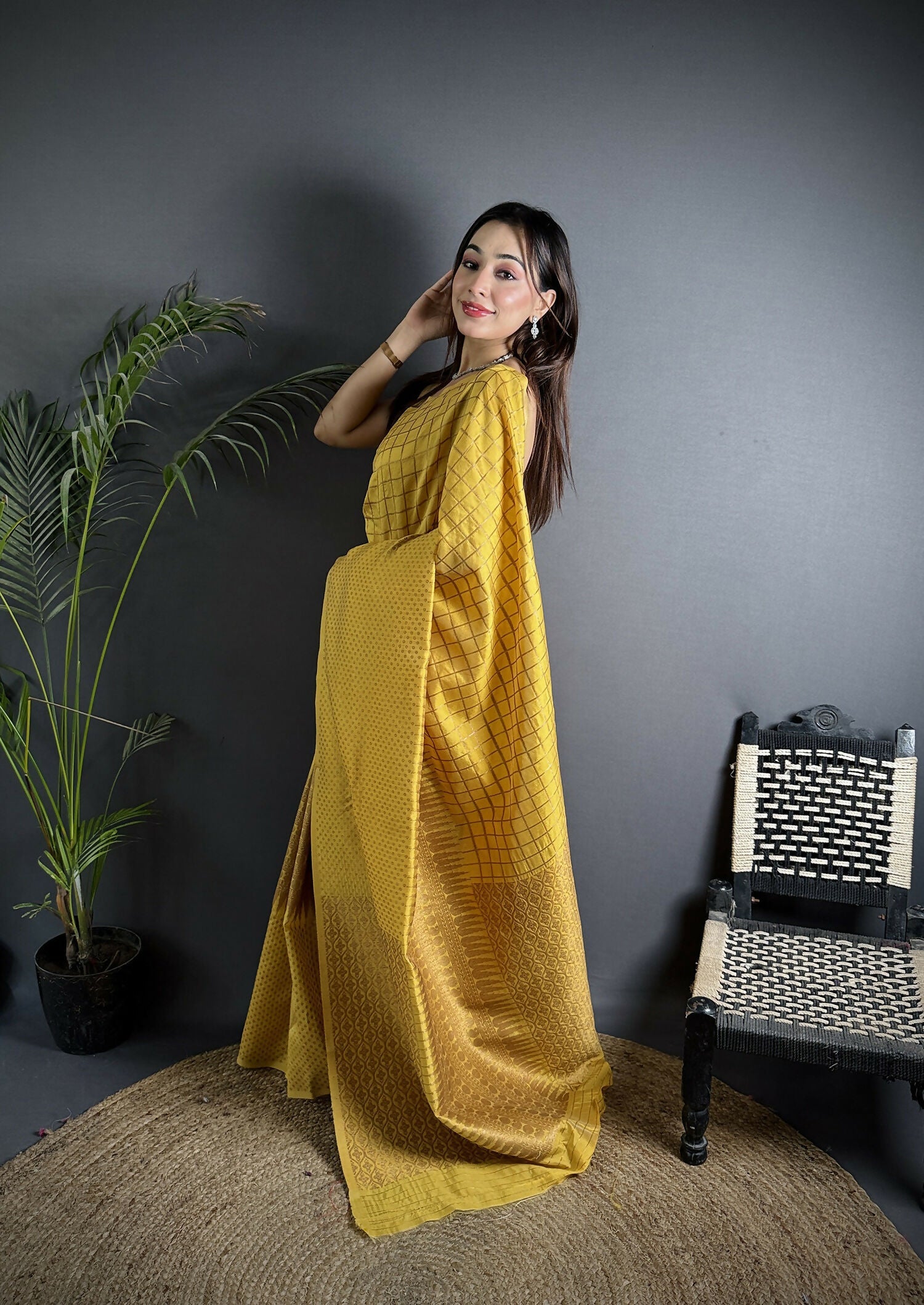 Joban Fashion Golden Yellow Banarasi Soft Lichi Silk Checks & Woven Saree | Swadesiicart